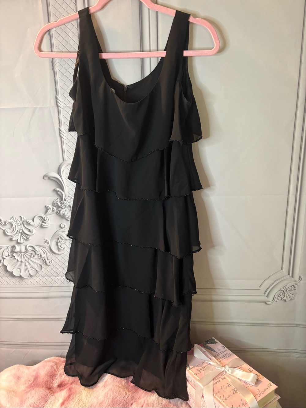 Vintage Patra Black Tiered Ruffle Cocktail Dress, Size 12